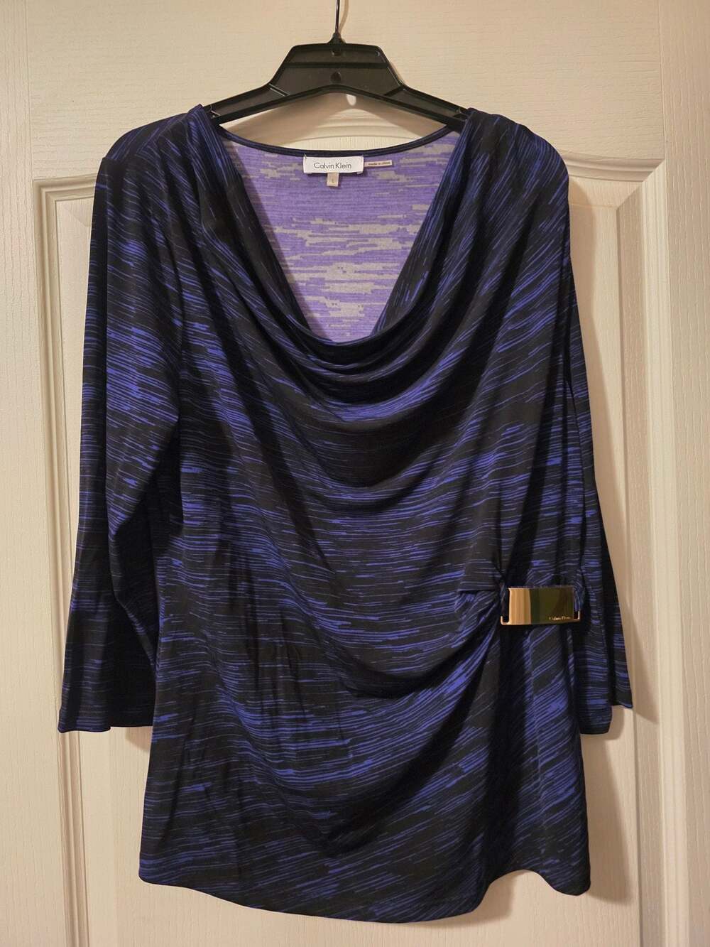 Calvin Klein Cowl Neck 3/4 Sleeve Top Blue Black Abstract Print Large